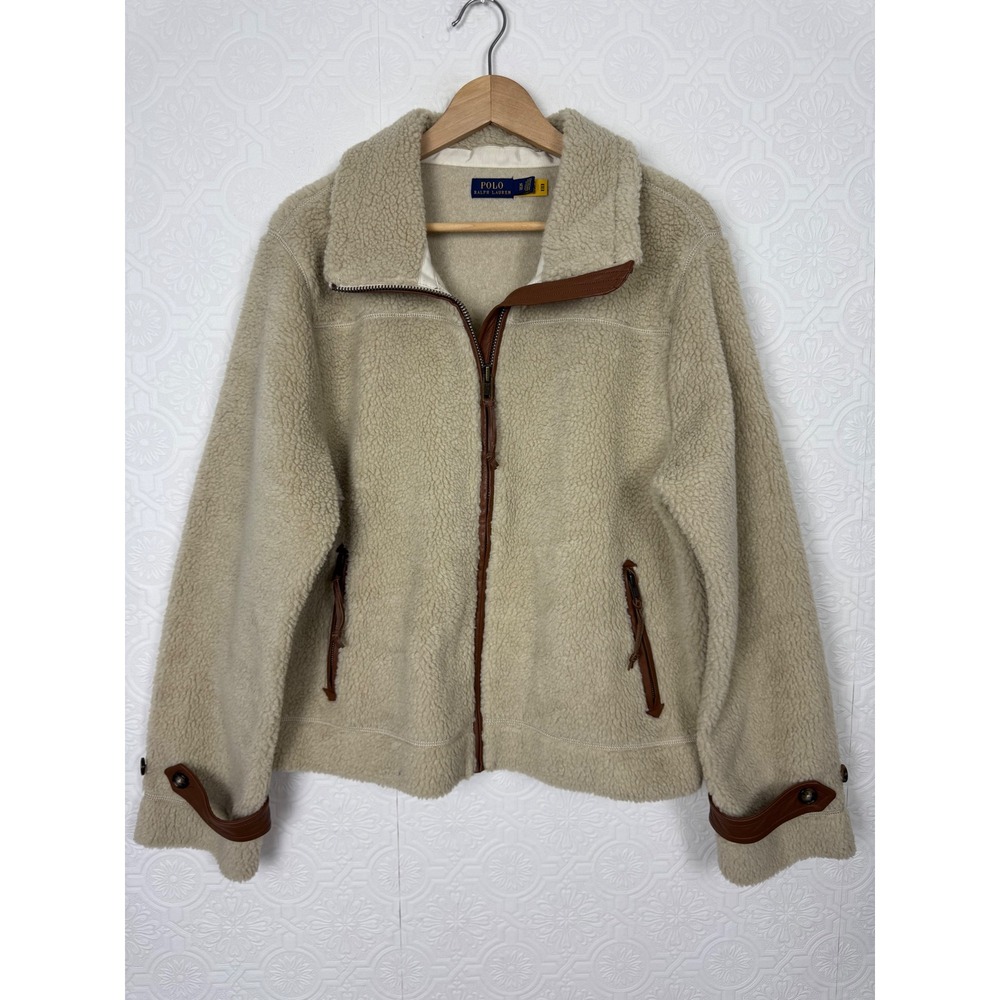 Polo Ralph Lauren Sherpa Fleece Jacket Mens XL Beige Leather Trim Full Zip Talon